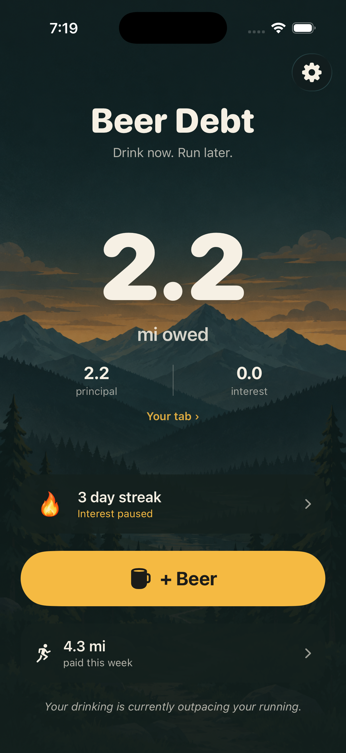 Beer Debt's home screen showing 3.7 miles owed, 3.1 principal and 0.6 interest, over a mountain trail at dusk